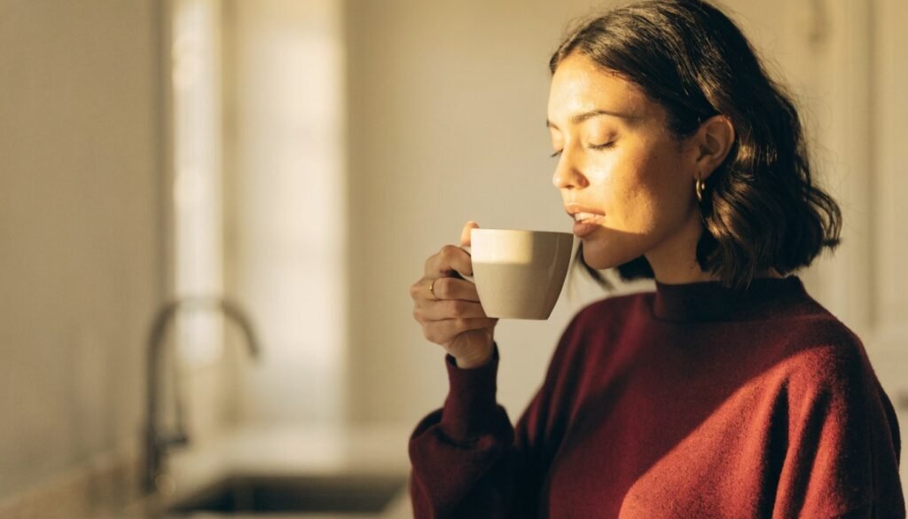 Mulher fazendo uma pausa com uma xícara de café