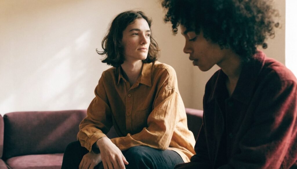Casal no sofá com um olhar pensativo