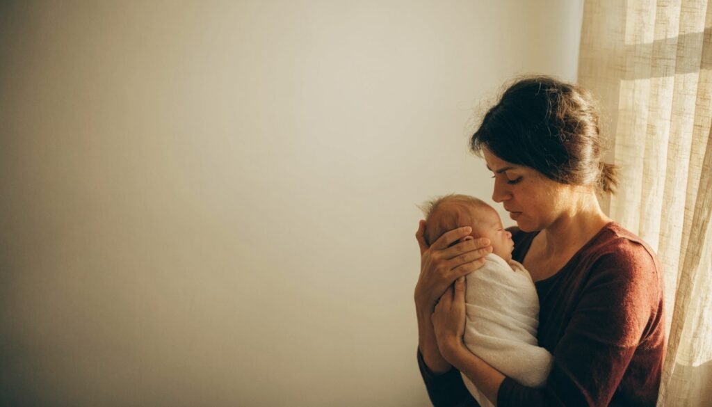Mãe acolhendo o bebê recém-nascido junto à janela
