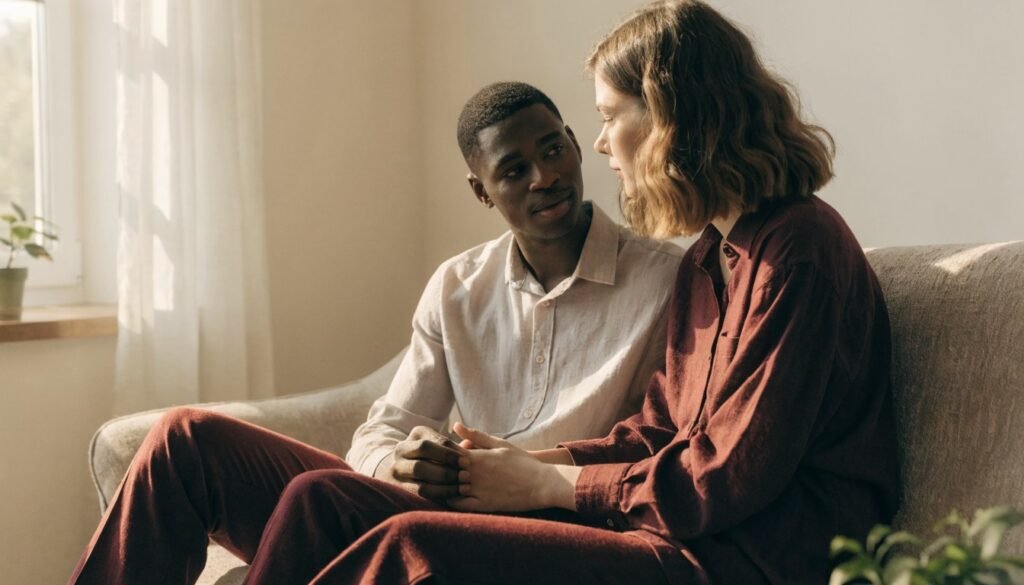 Casal conversando no sofá em clima de conexão