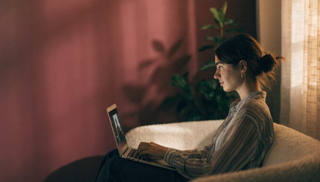 Mulher em atendimento de terapia online em casa